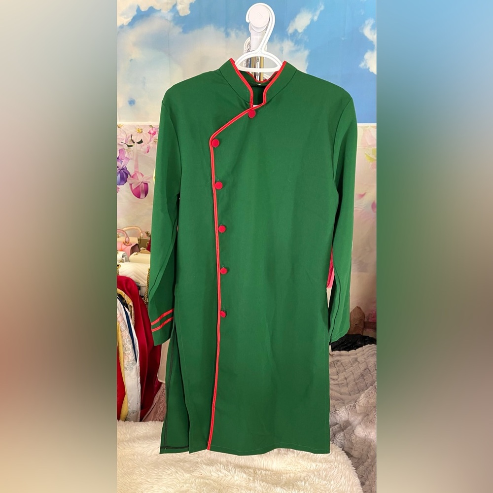 ao dai nam cach Tân, Vietnamese men’s contemporary long dress top s small green